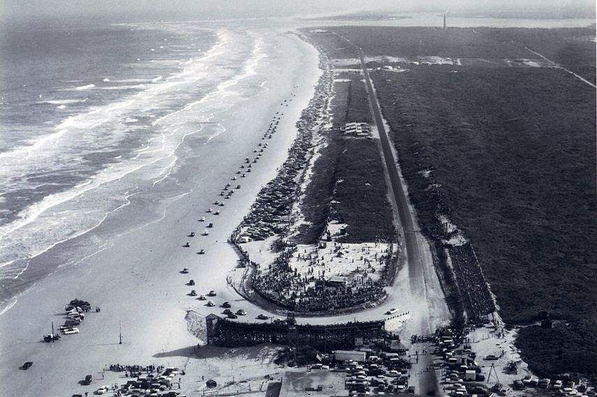 Aerial view of the Beach Road Course Daytona Beach Road Course aerial view, raceway history, black and white