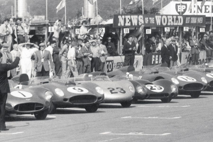 1959 RAC Tourist Trophy 1959 RAC Tourist Trophy, cars lined up, black and white