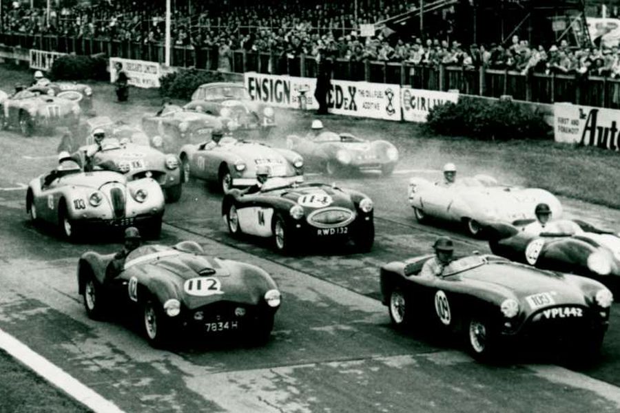 Start of a race at Goodwood Goodwood Circuit race start, black and white, history